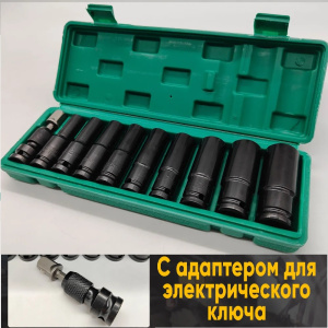 Набор головок ударных удлиненных 1/2" 10-24мм 11 шт + адаптер эл.ключа, зеленый кейс (33011)