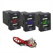 Разветвитель врезной 2USB + вольтметр (прямоугольный с проводом) 12V-24V RV04